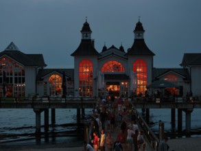 Illuminated pier Sellin, crowd at dusk, view from above, Baltic Sea resort Sellin, Rügen Island,