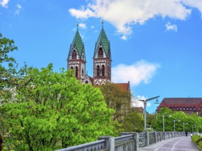 View of the Sacred Heart Church from the Stadtbahn bridge, Freiburg im Breisgau, Baden-Württemberg,