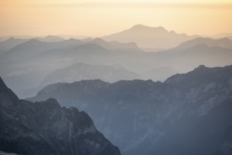 Evening mood, silhouettes, dramatic mountain landscape, view from Hochkönig, Salzburger Land,