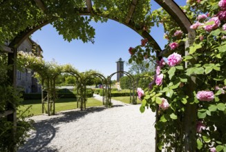 Rose garden in the Obernberg castle area with observation tower eINNblick, Obernberg am Inn,