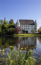 Drone shot, Renaissance castle, Hagenau Castle, Mattig estuary, Sankt Peter am Hart, Innviertel,