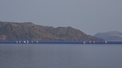 Sailing boats, sailing regatta, Lipari, Rinella, south coast, Salina, Aeolian Islands, Sicily,