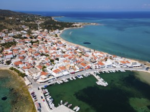 Drone shot, harbour, town of Elafonisos, Elafonisos, Deer Island, Laconia, Peloponnese, Ionian