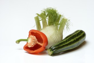 Vegetables, fennel, halved red peppers, courgettes