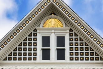 Victorian house, detail of ornate façade, gable, Painted Ladies, Alamo Square, San Francisco,