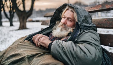 A homeless man on a park bench in winter, generated with AI