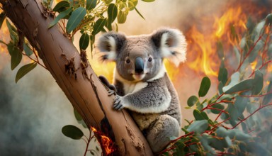 Climate change, global warming, bushfires, a koala in Australia sitting on a burning eucalyptus