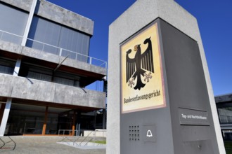 Sign with federal eagle at the Federal Constitutional Court, Karlsruhe, Baden-Württemberg, Germany,