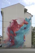 Mural with bull on house, graffiti, street art, Friedberger Landstraße, Nordend, Main, Frankfurt,