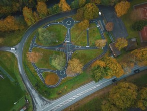 Aerial view of a traffic training area in autumn, Calw, Black Forest, Germany, Europe