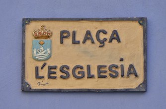 Street sign in Valencian, Placa l'Esglesia, Church Square, Villajoyosa, Costa Blanca, Spain, Europe