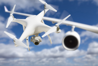 Unmanned aircraft system (UAV) quadcopter drone in the air too close to passenger airplane