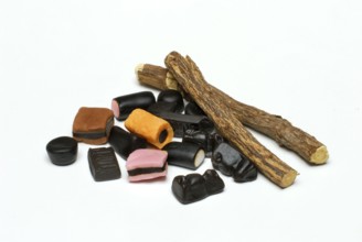 Bald liquorice and licorice candies (Glycyrrhiza glabra) , Liquorice, Bald liquorice, licorice,