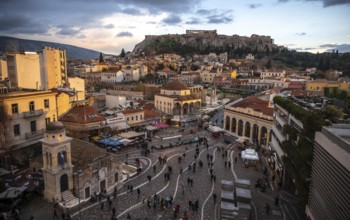 View over the old town of Athens, with Panagia Pantanassa Church, Tzisdarakis Mosque and Acropolis,