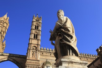 City of Palermo, the west tower at the Archbishop's Palace connected by pointed arches to the