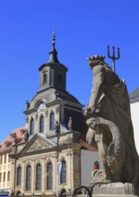 In the city centre of Bayreuth, Neptune Fountain and the Spital Church on Maximilianstrasse,