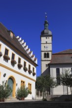 Town hall and Protestant church in Mainbernheim, Lower Franconia, Bavaria, Germany, Europe