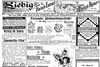 Various advertisements, Siebig Meat Extract, Eumenorrhin Pills, Iron Magnesia, from a magazine from