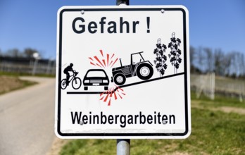 Sign danger, vineyard work, near Sasbachwalden, Black Forest, Ortenaukreis, Baden-Württemberg,