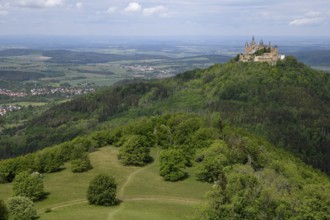 Cultural landscape, Hohenzollern Castle, near Bisingen, Zollernalbkreis, Swabian Alb,