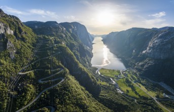 Winding road Lysevegen and village Lysebotn, hairpin bends, Lysefjord, Rogaland, Norway, Europe