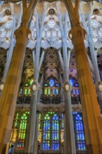 Interior view of the Familia Sagrada by the architect Antonio Gaudi in Barcelona, Spain, Europe