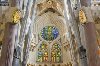 Interior view of the Familia Sagrada by the architect Antonio Gaudi in Barcelona, Spain, Europe