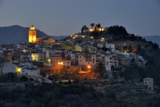 Village of Polop at dusk, blue hour, Province of Alicante, Spain, Europe