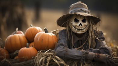 Scary ghostly halloween scarecrow figure sitting amongst the country pumpkin patch, generative AI