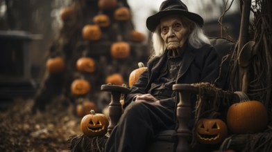 Ghostly scary old witch sitting amongst pumpkins and other halloween decorations, generative AI