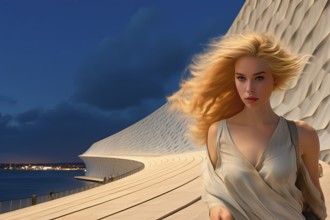 Beautiful young woman with blond hair in a modern architectural environment, Europe, AI generated