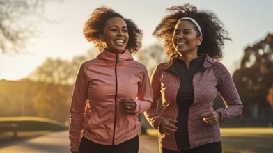 Happy african american female friends enjoying a healthy run in the park together. generative AI