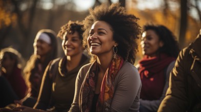 Several african american female friends getting together in the park for some yoga exercise.