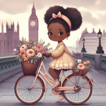 Cute anime girl on bicycle with flowers in the city of London. AI generated