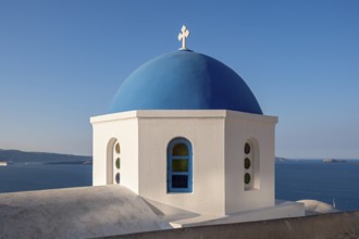 White-washed Church of Agios Nikolaos with Blue Dome, Ia, Oia, Santorini, Greece, Europe