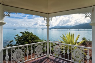 View from the garden pavilion of a hotel to the bay with sailing ships, travel, holiday, sea, Arlie