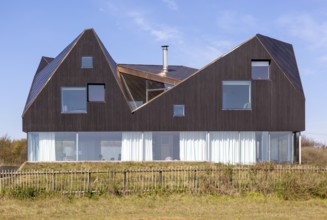 Modern architecture of holiday home 'The Dune House' on the beachfront, Thorpeness, Suffolk,