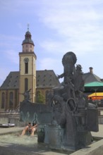 Struwwelpeter fountain and Katharinenkirche, Hauptwache, city centre, Main, Frankfurt, Hesse,