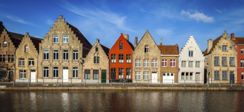 Typical European Europe cityscape view, panorama of canal and medieval houses. Bruges (Brugge),