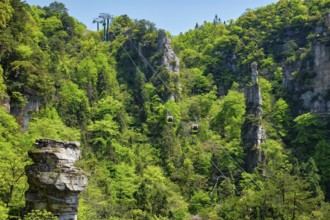 Famous tourist attraction of China, Zhangjiajie stone pillars cliff mountains with cable railway