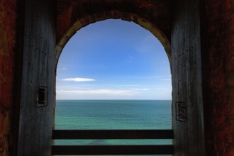 View from window of calm sea, Fort La slat, Emerald Coast, Brittany, France, Europe