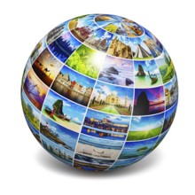 Global travel media world globe concept, picture sphere with travel images isolated on white. All