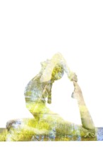 Nature harmony healthy lifestyle concept, double exposure image of woman doing yoga asana King