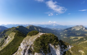 Drone shot, panorama shot, mountain landscape, summit cross on the Gruberhorn with Regenspitz,