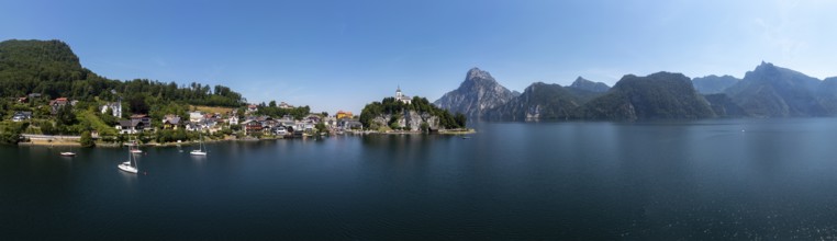 Drone shot, panorama shot, Johannesberg Chapel, Traunkirchen with Traunstein, Lake Lake Traun,