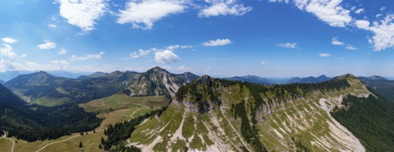 Drone shot, panorama shot, mountain landscape, Genneralm with Gennerhorn and Holzeck,