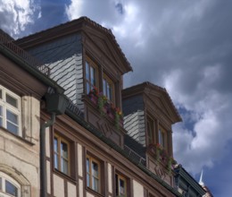 Historic rooftop oriel, Weißgerbergasse 35, Nuremberg, Middle Franconia, Bavaria, Germany, Europe