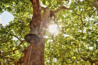 Monastery of Agios Ioannis, chapel, church bell hanging in tree, backlight, sun as star, west coast