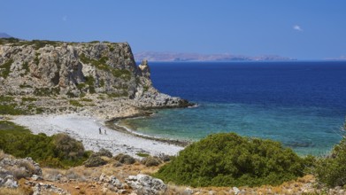 Agios Pavlos beach, pebble beach, barren rocks, trees, blue sea, green sea, Gramvoussa peninsula,