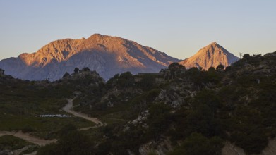 Kallergi Hut, Samaria Gorge, red morning light, cloudless blue sky, Omalos, Lefka Ori, White